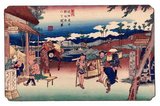 The Sixty-nine Stations of the Kiso Kaidō (木曾街道六十九次 Kiso Kaidō Rokujūkyū-tsugi) or Sixty-nine Stations of the Kiso Road, is a series of ukiyo-e works created by Utagawa Hiroshige (1797-1858) and Keisai Eisen (1790-1848).<br/><br/>

There are 71 total prints in the series (one for each of the 69 post stations and Nihonbashi; Nakatsugawa-juku has two prints). The common name for the Kiso Kaidō is 'Nakasendō' or 'Central Mountain Highway', so this series is also commonly referred to as the Sixty-nine Stations of the Nakasendō.<br/><br/>

The Nakasendō was one of the Five Routes constructed under Tokugawa Ieyasu, a series of roads linking the historical capitol of Edo with the rest of Japan. The Nakasendō connected Edo with the then-capital of Kyoto. It was an alternate route to the Tōkaidō and travelled through the central part of Honshū, thus giving rise to its name, which means 'Central Mountain Road'. Along this road, there were sixty-nine different post stations (<i>-shuku</i> or <i>-juku</i>), which provided stables, food, and lodging for travelers.<br/><br/>

Eisen produced the first 11 prints of the series, from Nihonbashi to Honjō-shuku, stretching from Tokyo to Saitama Prefecture. After that, Hiroshige took over production of the series.